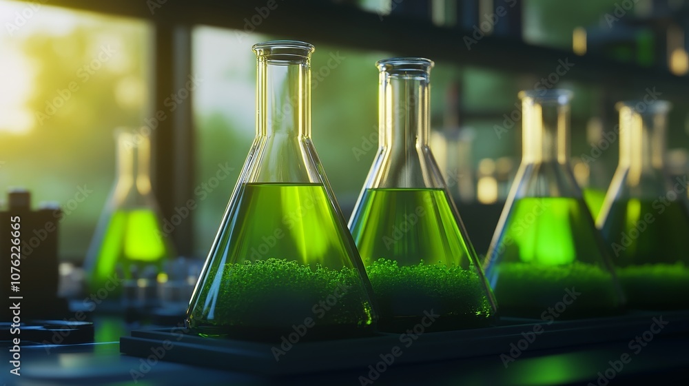 Close-Up Backlit Laboratory Flasks With Green Liquid in Bright Light Highlighting Scientific Research, Chemistry, and Innovation in a Modern Lab Setting Close-Up Backlit Laboratory Flasks With Green Liquid in Bright Light Highlighting Scientific Research, Chemistry, and Innovation in a Modern Lab Setting