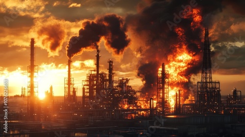 Oil Refinery Explosion and Damage in Industrial Zone Highlighting Danger, Environmental Impact, and Industrial Risks in a Dramatic Scene