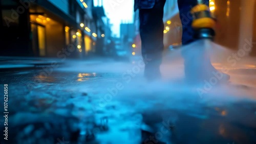 Man power washing concrete driveway with electric pressure washer in sunny suburban morning. Concept Home Maintenance, Pressure Washing, Driveway Cleaning, Outdoor Chores, Morning Routine
