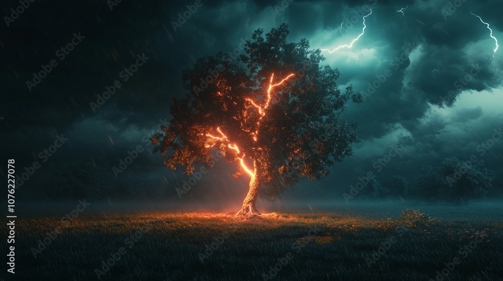 Fototapeta premium Nature's Power Symbolized as Lone Tree Illuminated by Striking Lightning Under Stormy Sky