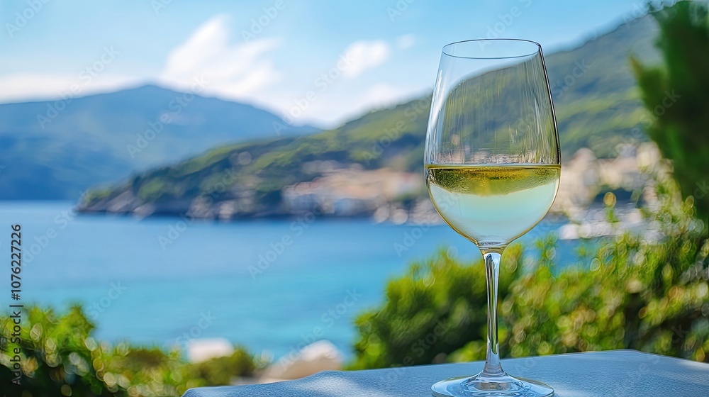 Fototapeta premium White wine in a wineglass captures the essence of relaxation by the sea. The image of a wineglass filled with white wine evokes a tranquil coastal atmosphere with ample copy space.