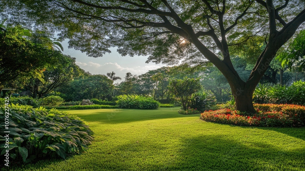 Tree in the garden creates a serene bottom scene view, emphasizing the beauty of nature with ample space for artistic expression and creative photography. Tree in the garden creates a serene bottom scene view, emphasizing the beauty of nature with ample space for artistic expression and creative photography.