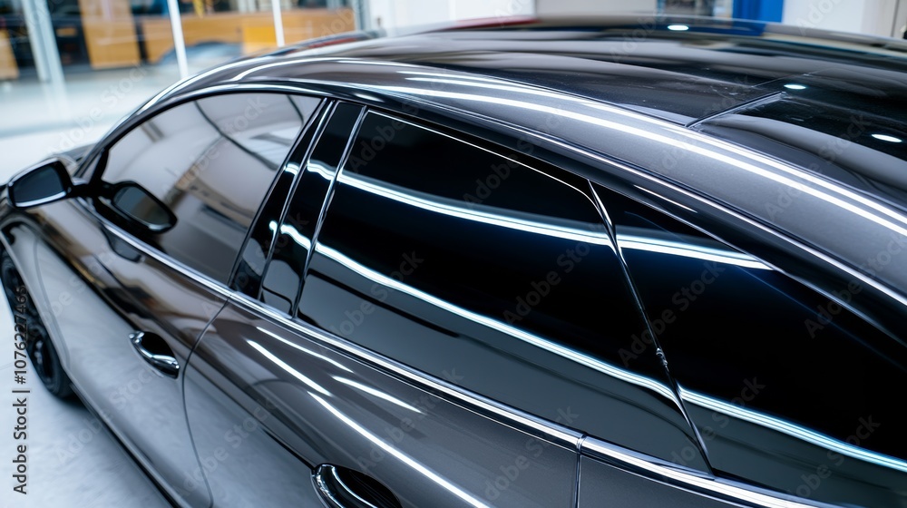 Fototapeta premium Side view of car window tint, ceramic film provides heat rejection and UV protection with stable color, car film installed on the glass surface of the , selected focus car tinting service