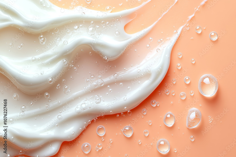 Fototapeta premium White cream on a peach background creating an abstract shape. Skin care products.