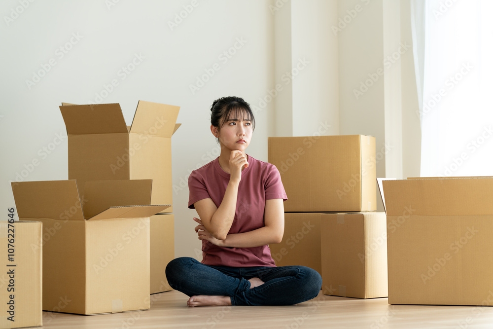 引っ越しする若い日本人の女性 引っ越しする若い日本人の女性