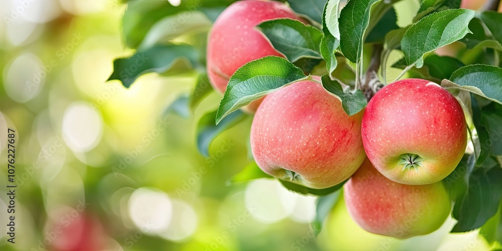 A vibrant apple tree bears lush, ripe red apples set against a softly blurred natural backdrop, showcasing the trees freshness and the apples ripeness. A vibrant apple tree bears lush, ripe red apples set against a softly blurred natural backdrop, showcasing the trees freshness and the apples ripeness.