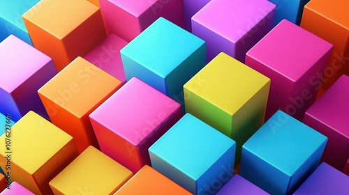 Colorful arrangement of geometric cubes in vibrant hues, creating a lively and playful atmosphere.