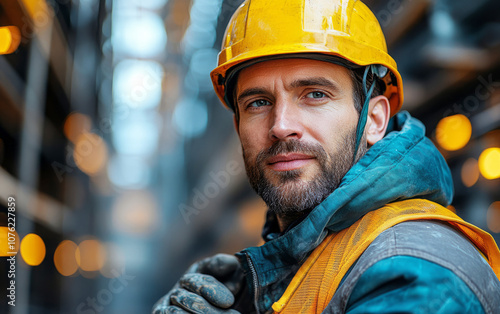 Portrait of a confident construction worker wearing protective gear on a building site