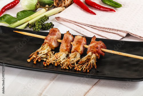 Thai Street foof satay with bacon and mushroom photo