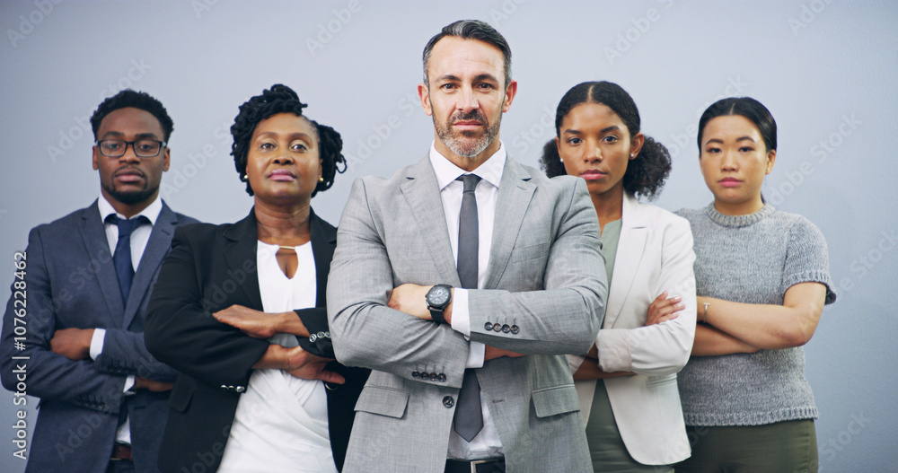 Business people, portrait and team with executive in confidence for corporate leadership on a studio background. Businessman, leader and group of employees with arms crossed for company management Business people, portrait and team with executive in confidence for corporate leadership on a studio background. Businessman, leader and group of employees with arms crossed for company management