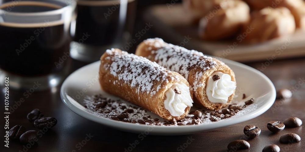 Genuine Italian Cannoli paired with freshly brewed coffee create a perfect combination of flavors, offering an authentic taste of Italy in every bite and sip. Genuine Italian Cannoli paired with freshly brewed coffee create a perfect combination of flavors, offering an authentic taste of Italy in every bite and sip.