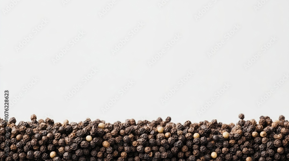 Heap of dry black pepper corns positioned on a white background, offering a vivid display of dry black pepper corns perfect for culinary or decorative purposes with ample copy space. Heap of dry black pepper corns positioned on a white background, offering a vivid display of dry black pepper corns perfect for culinary or decorative purposes with ample copy space.