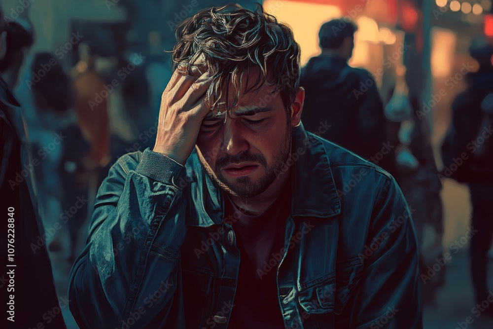 Fototapeta premium A man in distress sits alone in a busy urban setting. His expression conveys deep anguish and stress. City life can be overwhelming at times. Generative AI