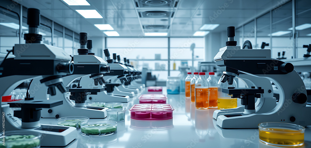 Row of Microscopes in High-Tech Laboratory Row of Microscopes in High-Tech Laboratory