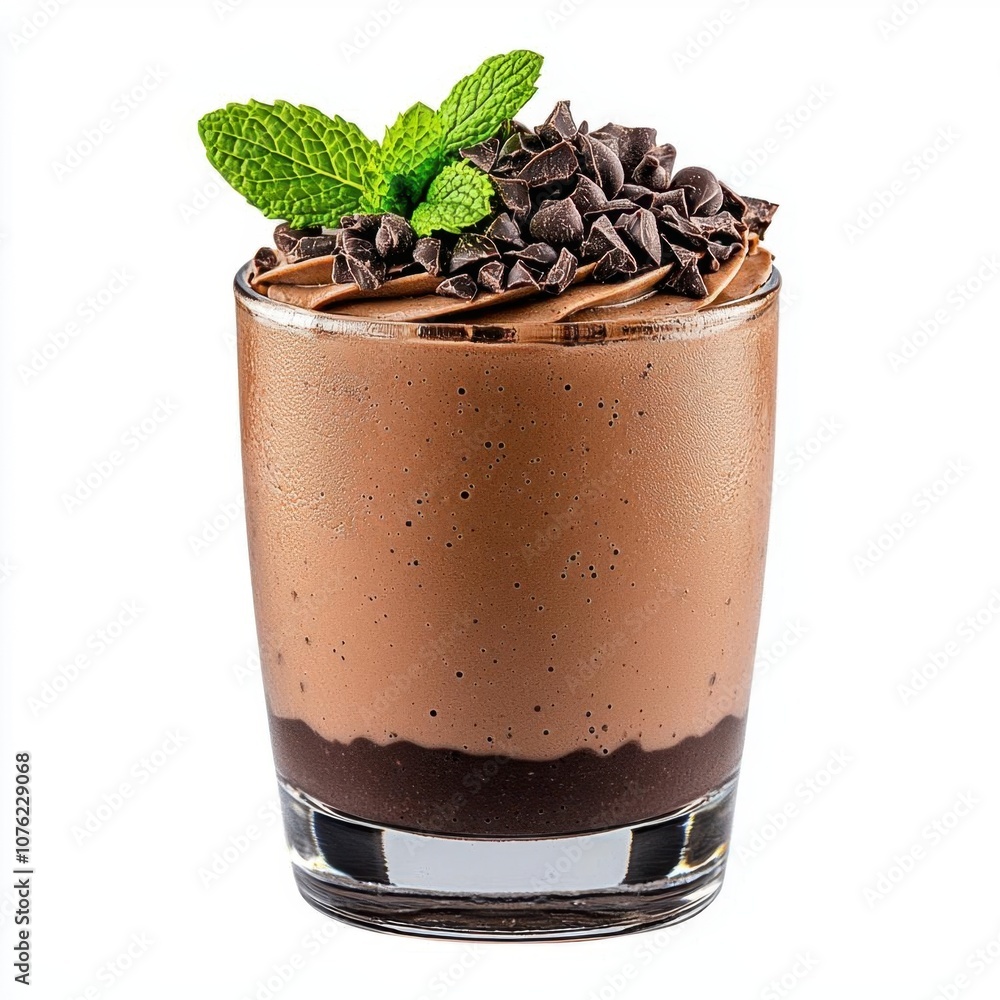 A photostock of a rich chocolate mousse in a glass with mint garnish, ideal for dessert or luxury treat themes, isolated on transparent PNG background, High Quality