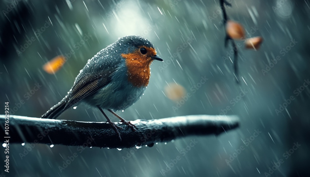 Fototapeta premium Photorealistic Image of Robin Sitting on a Branch in the Rain