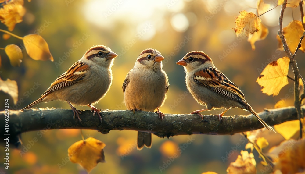 Sparrows Seeking Shelter on a Rainy Branch with Droplets Bokeh Sparrows Seeking Shelter on a Rainy Branch with Droplets Bokeh