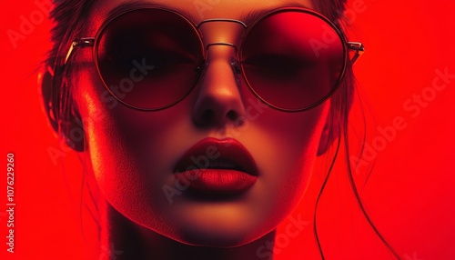 Red-Themed Image of Woman with Red Sunglasses Lips in Studio