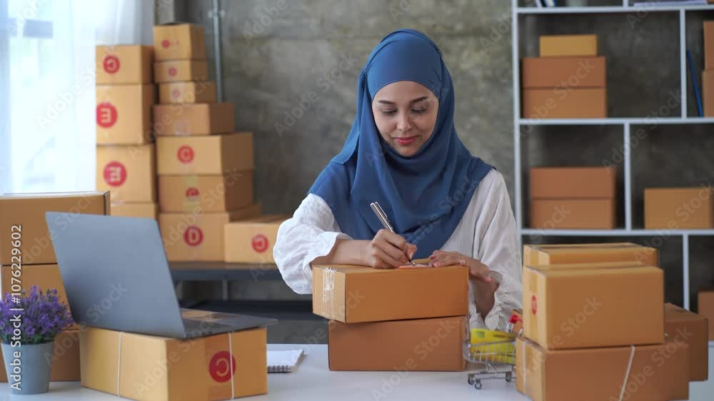 Entrepreneurial Spirit: A young woman in a hijab runs her own business, meticulously preparing packages for her customers in a small office space. Entrepreneurial Spirit: A young woman in a hijab runs her own business, meticulously preparing packages for her customers in a small office space.
