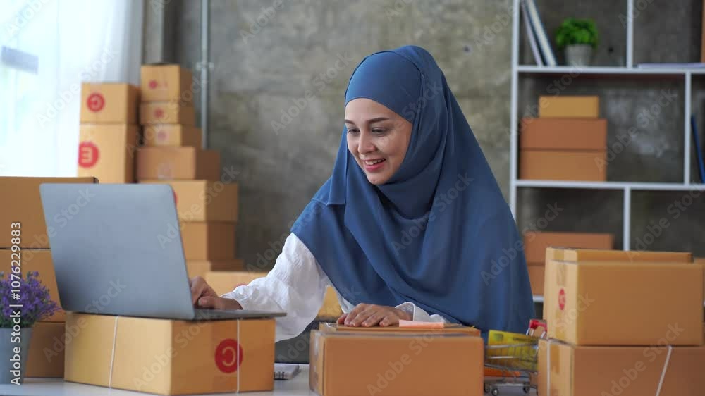 Entrepreneurial Spirit: A woman wearing a hijab, smiles confidently as she manages her online business, surrounded by packages and a laptop. Entrepreneurial Spirit: A woman wearing a hijab, smiles confidently as she manages her online business, surrounded by packages and a laptop.