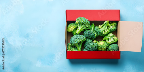 Fresh Broccoli in Cardboard Box on Blue Background photo