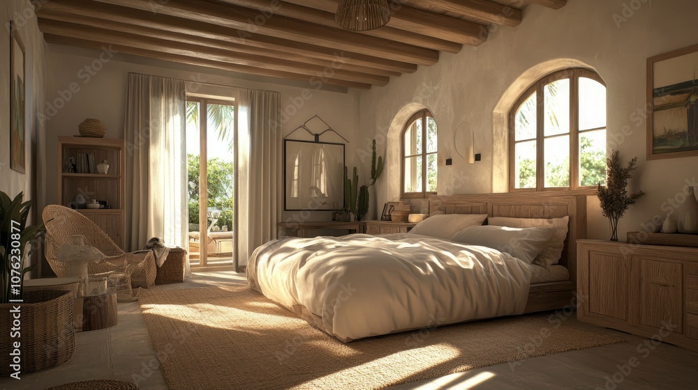 Fototapeta premium A beautiful neutral-toned Mediterranean bedroom with simple decor, light wood accents, and natural light streaming through the windows.
