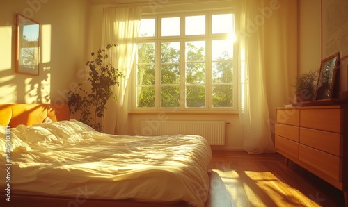 Modern bedroom interior with beautiful sunlight through the window