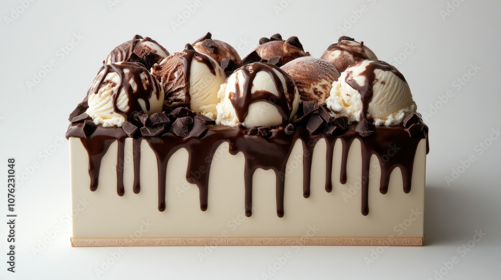 A beautifully styled shot of an ice cream box topped with a generous drizzle of chocolate, surrounded by scoops of rich, creamy ice cream for a tempting treat A beautifully styled shot of an ice cream box topped with a generous drizzle of chocolate, surrounded by scoops of rich, creamy ice cream for a tempting treat