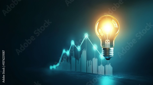 A glowing light bulb over a rising graph symbolizes innovative budgeting and cost reduction strategies.