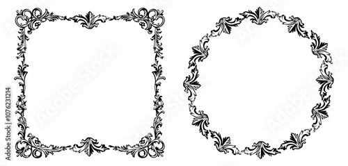 Retro baroque decorative square and rounded frames isolated on white background. Black and white vector elements