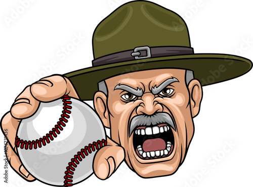 An angry drill instructor or sergeant bootcamp army soldier cartoon character holding baseball ball sports team mascot illustration.