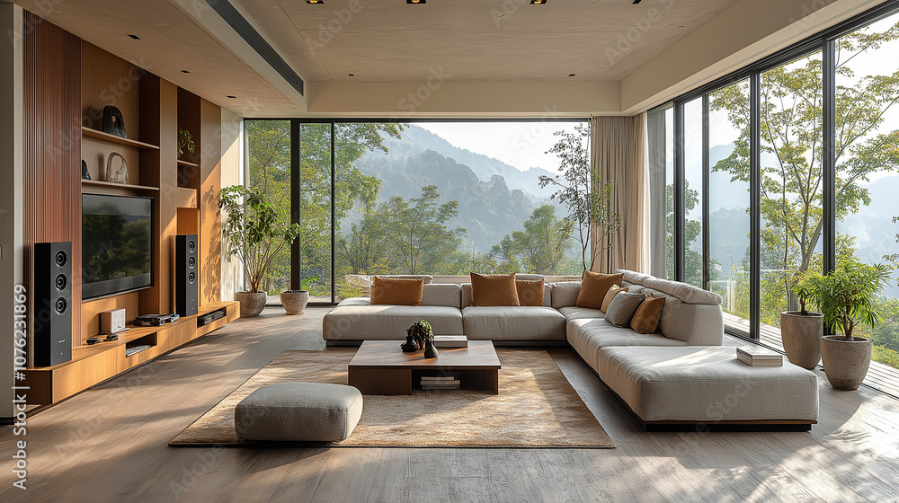 A modern living room featuring smart home devices, seamlessly integrated technology, and sleek minimalist design for a sophisticated lifestyle. A modern living room featuring smart home devices, seamlessly integrated technology, and sleek minimalist design for a sophisticated lifestyle.