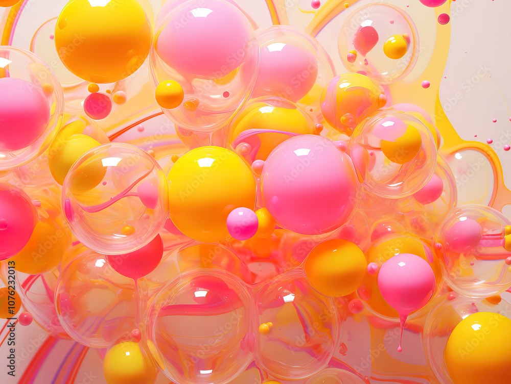 Vibrant 3D Yellow Bubble Enclosed by Pink Bubbles Vibrant 3D Yellow Bubble Enclosed by Pink Bubbles