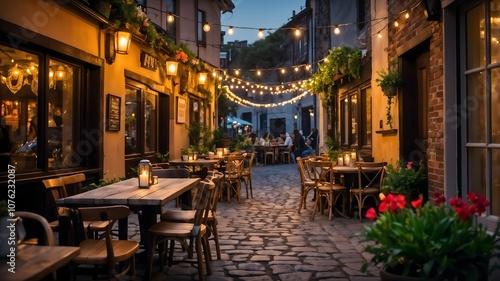 Twilight café scene with rustic tables, colorful plants, and soft string lights, evoking a welcoming, tranquil ambiance on cobbled pathways.