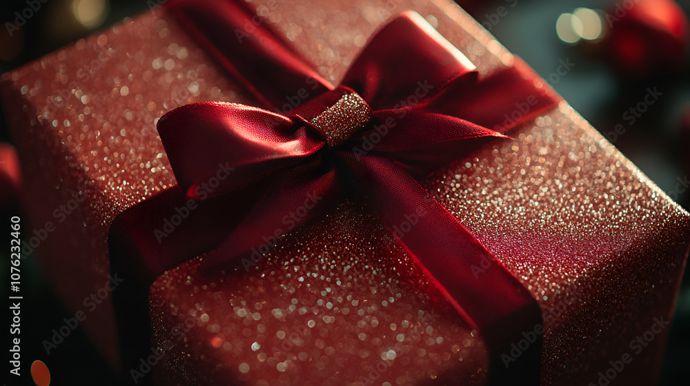 A close-up of a beautifully wrapped Christmas gift with a shiny bow A close-up of a beautifully wrapped Christmas gift with a shiny bow