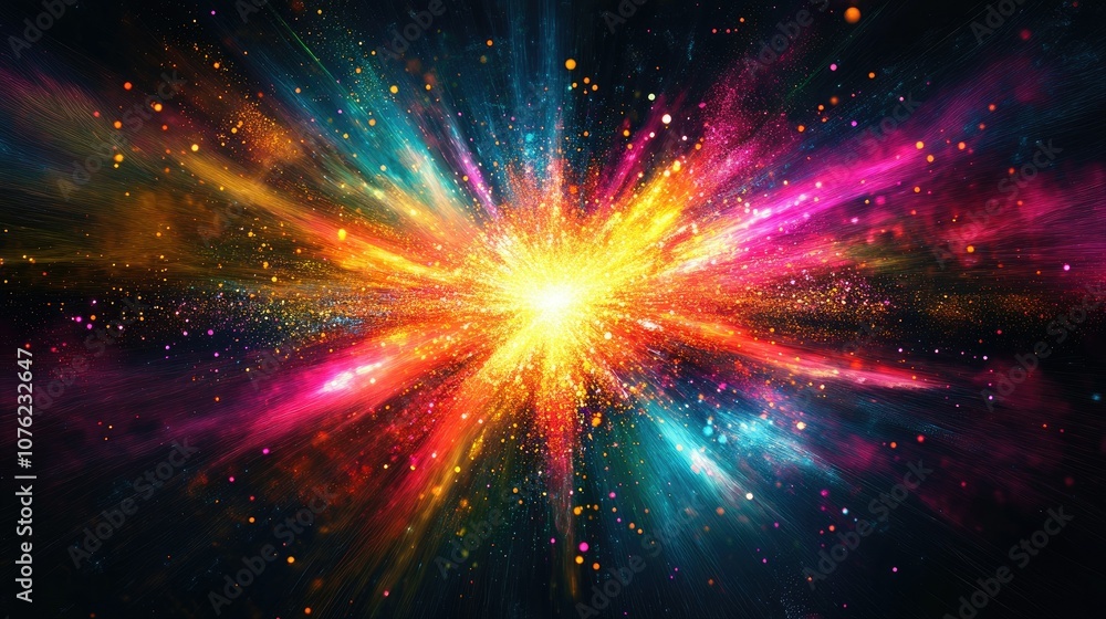 Fototapeta premium A colorful, AI-generated illustration with vibrant neon colors exploding from the center, set against a dark black background, showcasing an eye-catching abstract composition