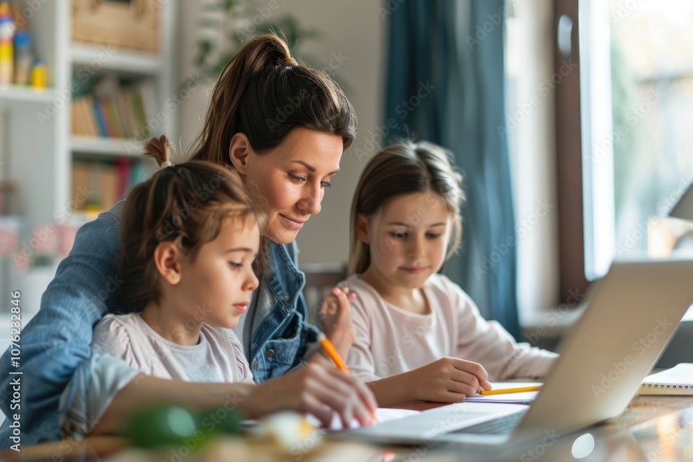 Mother Teaching Young Children at Home Using Laptop and Pencils Mother Teaching Young Children at Home Using Laptop and Pencils