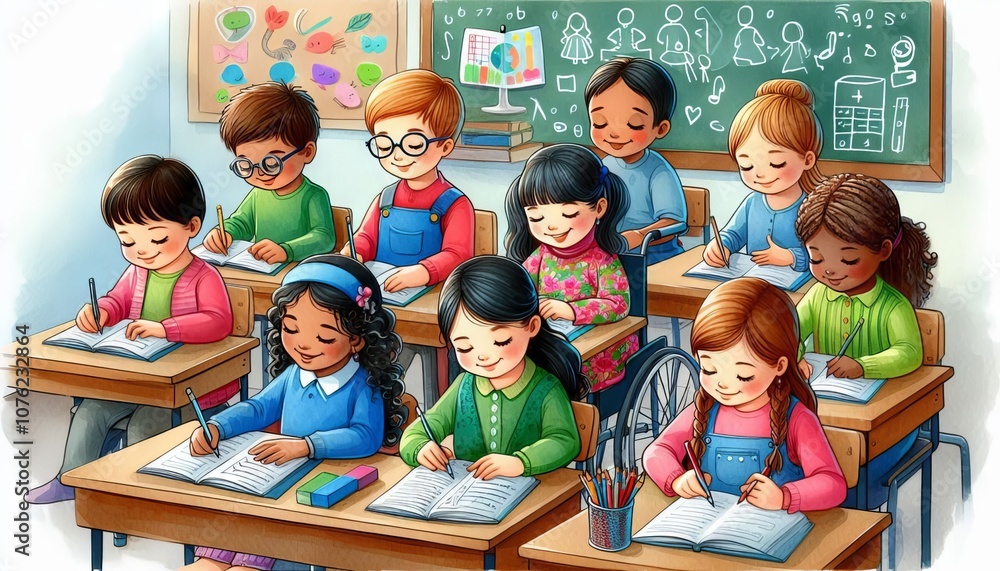 Children with different abilities study in the same class. Inclusive education. Equal rights.
Children with different abilities study in the same class. Inclusive education. Equal rights.