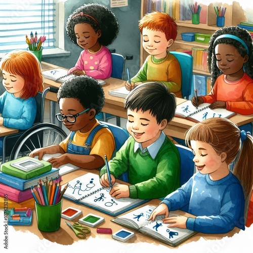 Children with different abilities study in the same class. Inclusive education. Equal rights. World Day of Social Justice
