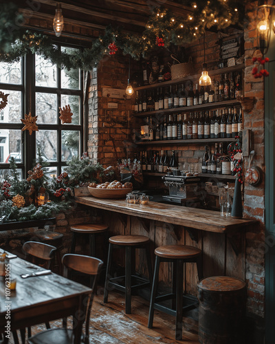 A rustic café interior beautifully decorated for Christmas, featuring festive decorations, warm lighting, and cozy ambiance perfect for the holiday season