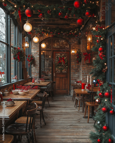 A rustic café interior beautifully decorated for Christmas, featuring festive decorations, warm lighting, and cozy ambiance perfect for the holiday season