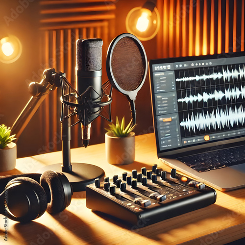 podcast a microphone with a christmas tree in the background