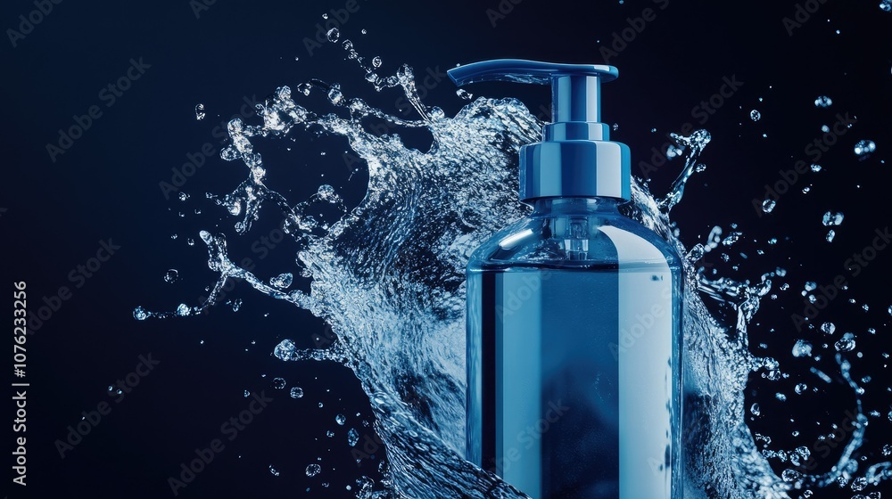 A detailed shot of a blue body lotion bottle with a pump, with a gentle splash of lotion against a navy backdrop, conveying freshness and skincare excellence A detailed shot of a blue body lotion bottle with a pump, with a gentle splash of lotion against a navy backdrop, conveying freshness and skincare excellence