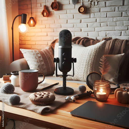 podcast a microphone with a christmas tree in the background
