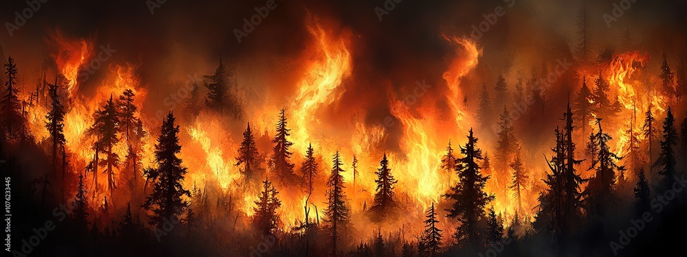 A massive bushfire is burning with flames blazing and thick, dark smoke at night A massive bushfire is burning with flames blazing and thick, dark smoke at night