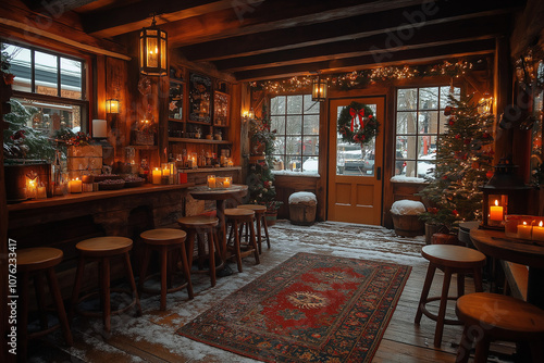 Wallpaper Mural A cozy restaurant styled like a Nordic cabin, featuring wooden decor and a view of a snow-covered yard, creating a warm and inviting winter atmosphere Torontodigital.ca