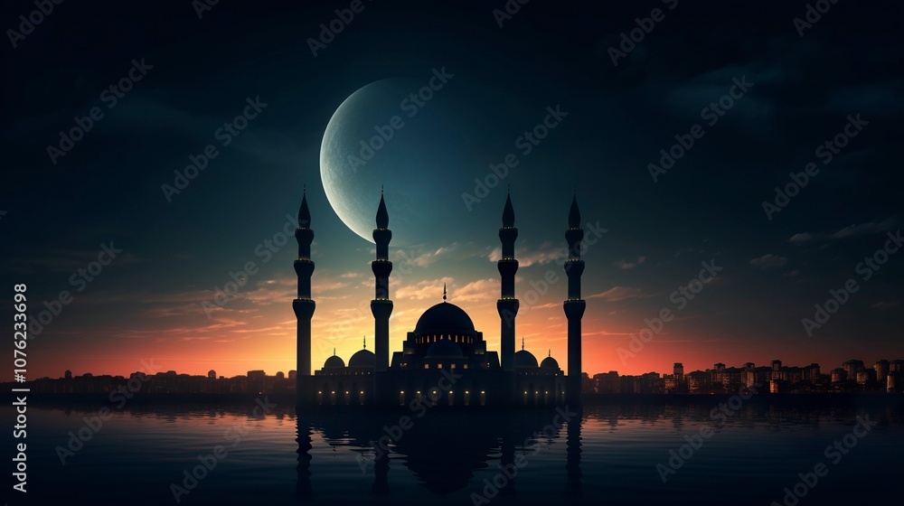 Obraz premium A photo of a mosque silhouette with full moon
