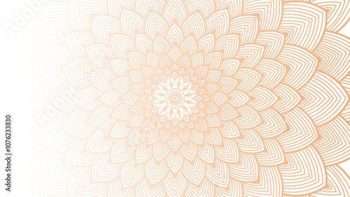 Round mandala on dreamy peach fuzz gradient background. Translucent mesh pattern in the form of a mandala. Mandala with floral patterns.Gradient background with round mandala.Vishal 