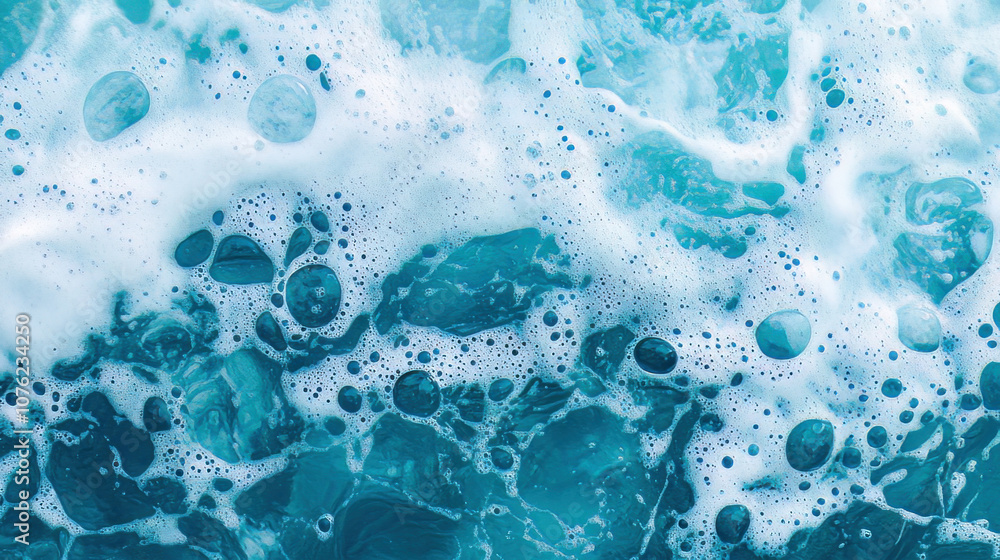 Detergent bubbles floating on blue water. Detergent bubbles floating on blue water.