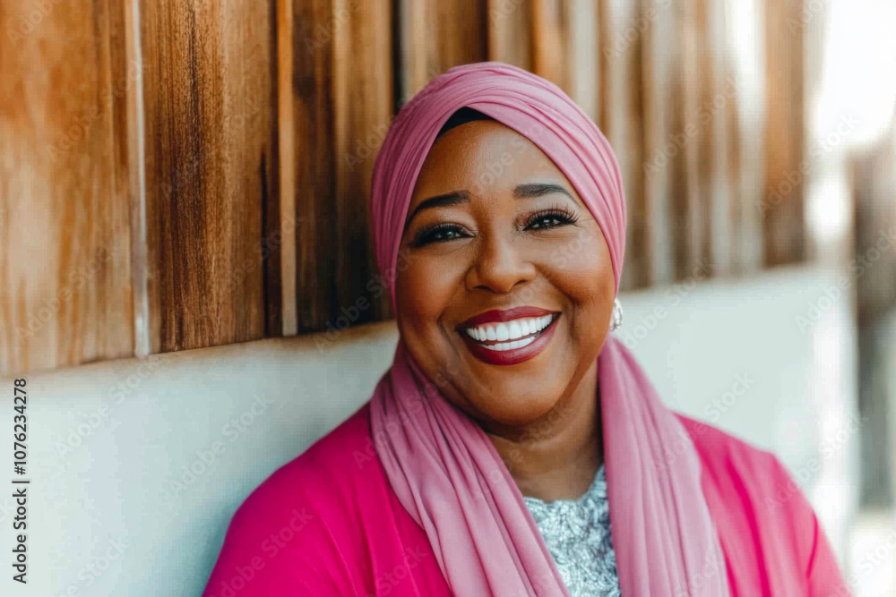 Joyful woman wearing a pink hijab, smiling brightly by a wooden wall, radiating warmth and happiness in a modern and casual setting. Joyful woman wearing a pink hijab, smiling brightly by a wooden wall, radiating warmth and happiness in a modern and casual setting.